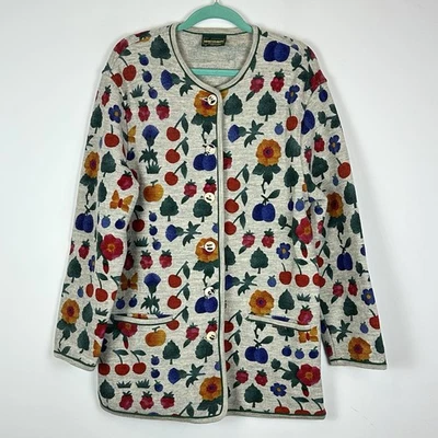 Geiger Austria 100% Boiled Wool Floral Cherries Pockets Button Cardigan Sweater  - Image 1 of 4