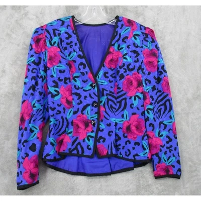Blazer Vintage Mujer Pequeño Pequeño Seda Floral Estampado Animal Botón Distintivo Foto 1 de 4