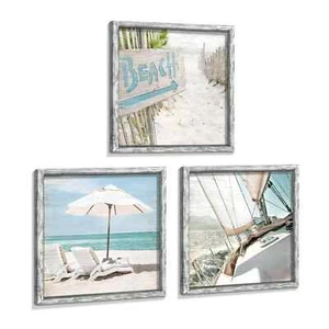 Coastal Framed Wooden Wall Art Ocean Pictures Sailboat Art Prints Beach Artwork - Picture 1 of 6