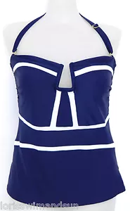 Island Escape Solid Navy Blue/White Bandeau Tankini Swimsuit TOP NWTD Size 10 - Picture 1 of 4