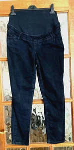 VGC Ladies BOOHOO Distressed Ebony BLACK Wash DENIM SKINNY Leg Maternity Jeans 8 - Picture 1 of 7