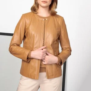 La Redoute ANNE WEYBURN Short Nappa Camel Leather Jacket Size 12 New RRP £265 - Picture 1 of 6