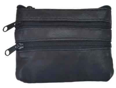 Porta-moedas pequeno de couro genuíno preto bolsa de troca com zíper carteira cartão chave  - Imagem 1 de 4