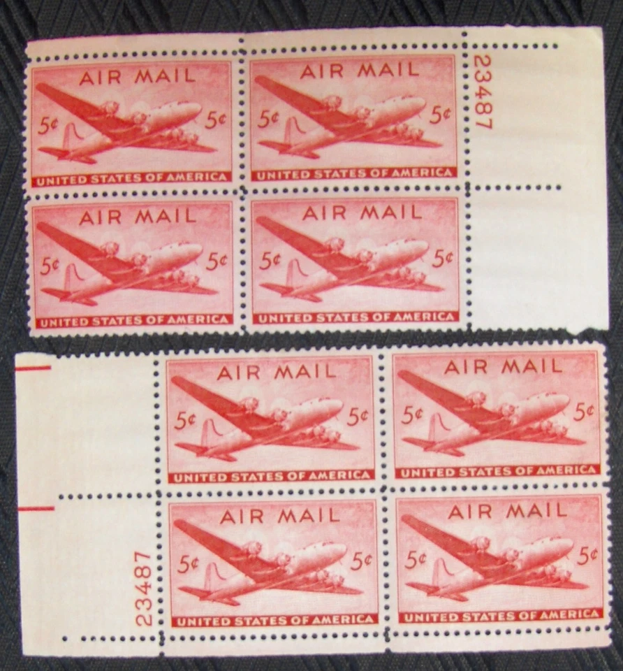 US 5¢ Stamp SC #C32 Air Post 2 matching number plate blocks MNH 1946 - Image 1 of 1