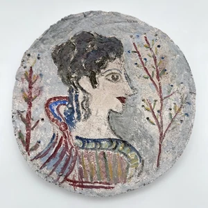 GREEK ART Vintage MINOAN Fresco WOMAN LADY Goddess Greece Painted Plaster Figure - Picture 1 of 24