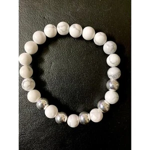Silver with Natural White & Black Stone Bead Durable Stretchy Bracelet (6") - Picture 1 of 9