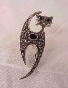 Cat Brooch Pin Marked 925 Marcasite Size is about 2 3/4" by 1/2" - Picture 1 of 4