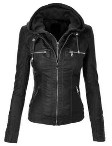 New Women Black Biker Hooded Lambskin Leather Jacket - Picture 1 of 3