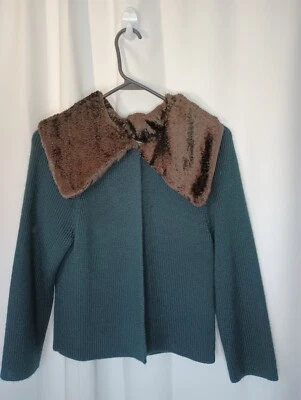 Vintage Nine West Fur Collar Crop Cardigan Small Green Wool Mob Wife Old Money - Image 1 of 4