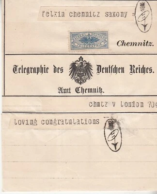 Germany: Telegram + Stamp, German Reich Office in Chemnitz to London, 3 Dec 1872 - Image 1 of 3