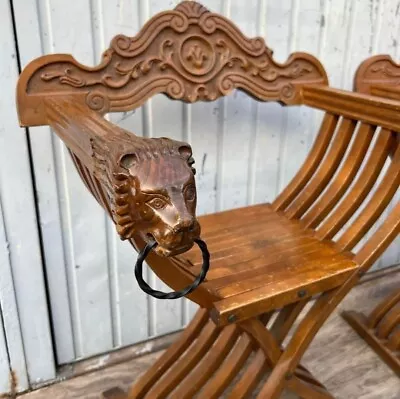 Vintage  Chair Savonarola Throne Chairs Carved Wood Folding Italian 60s • 322.43$