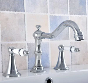 Grifo de lavabo cromado pulido generalizado cubierta montado 3 orificios grifo mezclador fregadero - Imagen 1 de 7