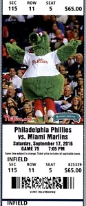 Miami Marlins vs Philadelphia Phillies 9/17/2016 Ticket Phillie Phanatic Mascot - Picture 1 of 2