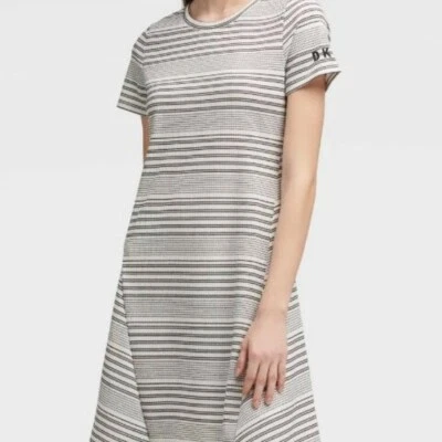 DKNY Striped Ribbed Knit Short Sleeve Dress, XS - Image 1 of 4
