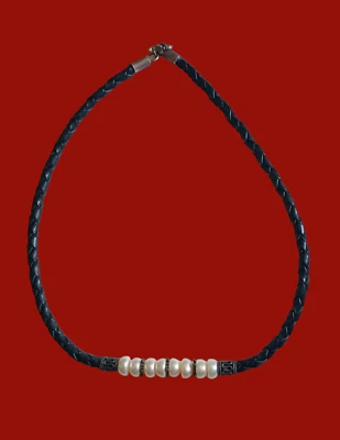 925纯银黑色皮革编织绳天然珍珠16英寸项链  — 第 1/4 张图片