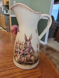 Vintage Beige Ceramic Pitcher w/Butterflies Rabbits Tulips Easter 10" Tall - Picture 1 of 7