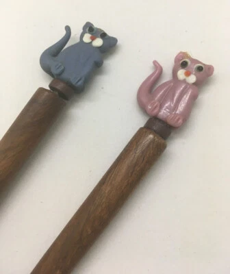 SINGLE 6-7" Wood HAIR STICK  Cat Wood top drilled Pink OR Blue you chose - Image 1 of 4
