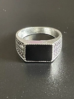 Повседневный черный обсидиан драгоценный камень S925 серебро покрытием мужчин женщин кольцо размер 9,5 - Изображение 1 из 4