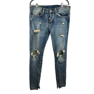 MNML Blue Destroyed Button Fly Zipper Hem Skinny Jean Ankle Zip Slim Stretch 32 - Picture 1 of 7