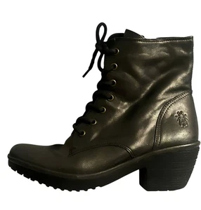 Fly London Boots Ankle Lace Up •Women 39/ 8.5• Heels Leather Brown Bronze Grey - Picture 1 of 9