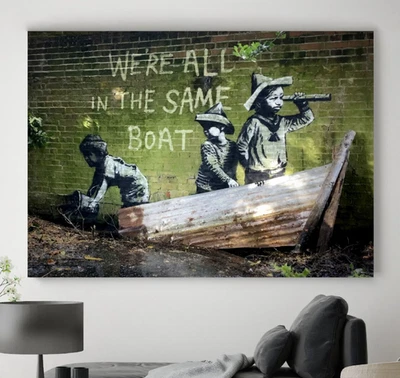 XL LEINWAND BILD BIS 140x100x5 GRAFFITI KINDER IM BOOT URBAN STREET-ART VINTAGE  - Bild 1 von 4