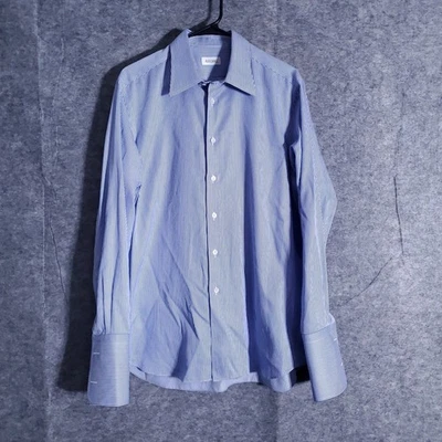 Ascot Chang Dress Shirt Mens L Blue Pinstripe French Cuff 100% Cotton Tailored - Image 1 of 4