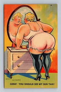Gosh You Should See My Sun Tan Woman With Large Rear Comic Funny Linen Postcard - Picture 1 of 2