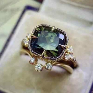 Art Deco Style Lab-Created Diamond Emerald Anniversary Ring 14K Yellow Gold FN - Picture 1 of 8