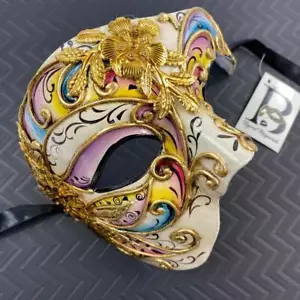 Gold Colorful Detailed Floral Phantom Masquerade Mask Venetian Unisex Men Women - Picture 1 of 5