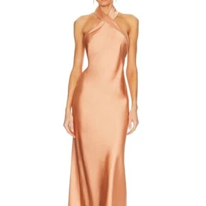 SIGNIFICANT OTHER AIDA SATIN HALTERNECK MAXI DRESS IN CAMEL SIZE 4 $289 - Picture 1 of 16