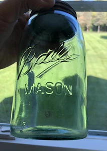 Vintage KUGEL Triple L Quart blau/aqua Einmachglas mit Deckel 1896-1910 Blasen gewellt - Bild 1 von 8