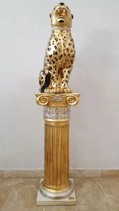 PANTERA MACULATA COLONNA GHEPARDO LEOPARDO CERAMICA FOGLIA ORO STATUA CRISTALLI - Foto 1 di 1