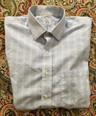 Brooks Brothers Dress Shirt Mens 15 - 2/3 Blue White Window Pane 100% cotton - Image 1 of 4