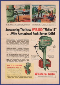 Anuncio impreso vintage 1955 WIZARD Fishin' 5 motores fueraborda navegación occidental automático años 50 - Imagen 1 de 1