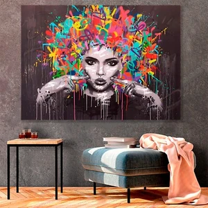 FRAMED PRINT ON STRETCHED CANVAS WOMAN GRAFITTI STREET POP ART LIKE WALL BANKSY - Picture 1 of 6
