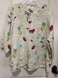 Hot Cotton by Marc Ware Tripical Cocktail Party Drinks Linen Tunic Top Plus 2X - Picture 1 of 5