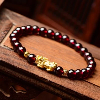 Genuine Garnet 6mm Bead 14K Gold Pixiu Fengshui Wealth and Luck Healing Bracelet - Image 1 of 3