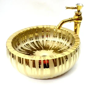 Ciotola lavandino lavabo bagno cascata oro guardaroba ceramica piano di lavaggio 40 cm - Foto 1 di 28