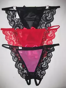 3pk Mesh & lace crotchless heart ring string bikini panties w/cutout bow back S - Picture 1 of 4