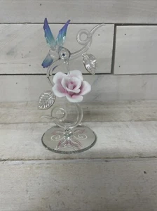 Baron Hummingbird and Pink Rose on Vine Handcrafted Glass Fast Ship - Picture 1 of 12