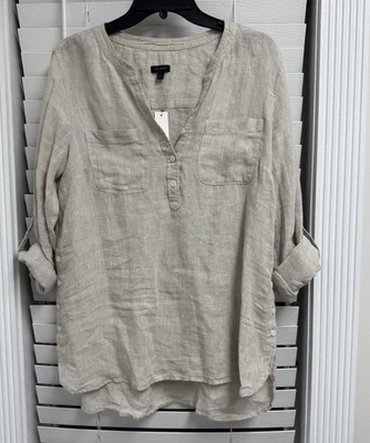 Camisa Talbots 100 % lino manga lengüeta enrollable para mujer mediana beige cuello en V popover nueva con etiquetas Foto 1 de 4
