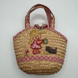Bambola vintage piccola borsa di paglia Bernard Lubin & Sons bambina gatto rosa - Foto 1 di 8