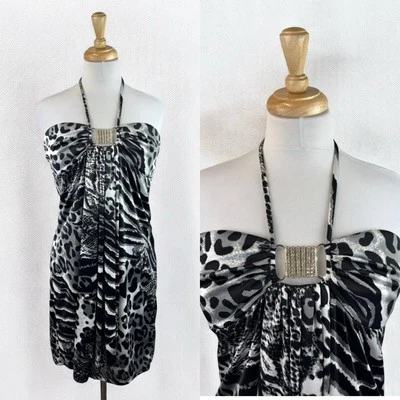 Vestido Estampado Animal Gris Negro Parado Y2K Estrás Fiesta Cóctel Glamour Talla XL Foto 1 de 4