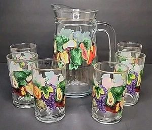 KMC Clear Glass Pitcher With 6 Matching Glasses Fruit Design Gold Tone Rims Made - Picture 1 of 9