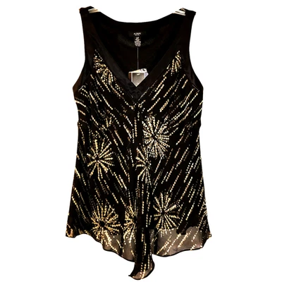 New Years Eve Sparkly Silk V-Neck Sleeveless 14P Black Gold Lined Top Women NWT - Image 1 of 4