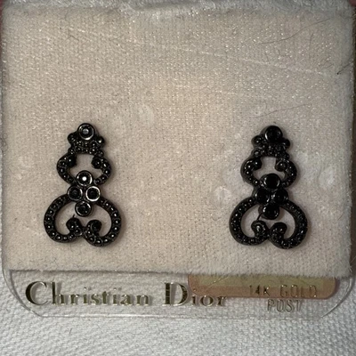 Christian Dior Ornate Black Earrings With Inset Stones And 14kt Gold Posts - Image 1 of 4