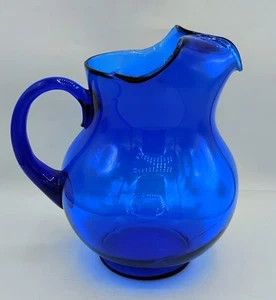 Vintage MCM Cobalt Blue Large Pitcher 9 Inches Tall Applied Handle, Ice Lip - Picture 1 of 7