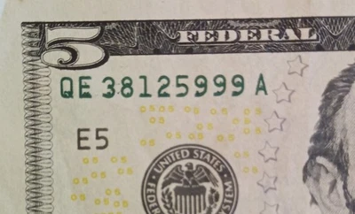 Rare 2021 $5 Five Dollar Bill Printing Error | Ink Bleed/Smear on Serial Number - Image 1 of 4