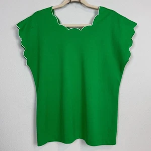 Vintage 70er Jahre Polyester Handarbeit grün gewellter Besatz Bluse M - Bild 1 von 6
