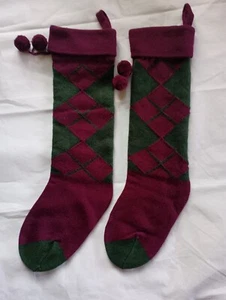 VTG Lot 2 Preppy Argyle XMAS STOCKINGS Burgundy Red Dark Green Knit Golf Pom Pom - Picture 1 of 6